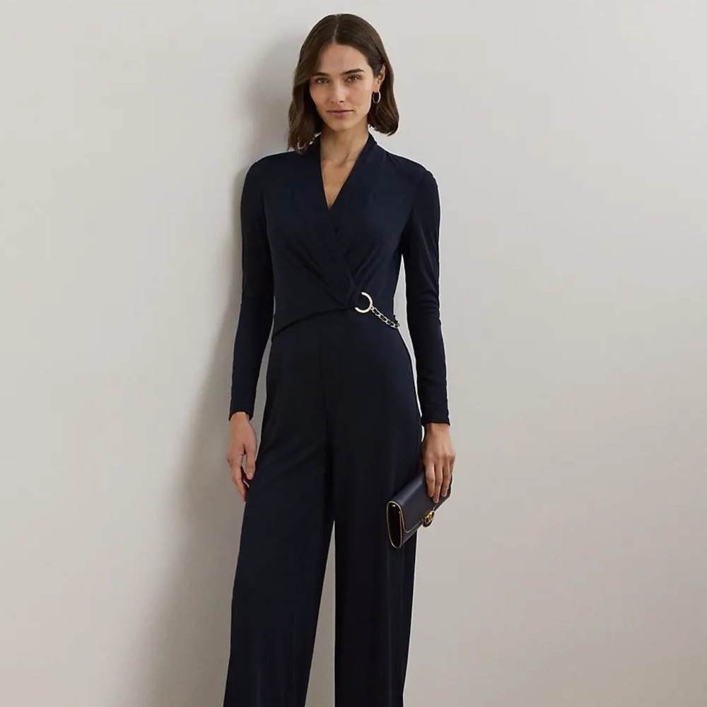 Ralph Lauren - Navy Long-Sleeve Wrap Jumpsuit with Gold Ring